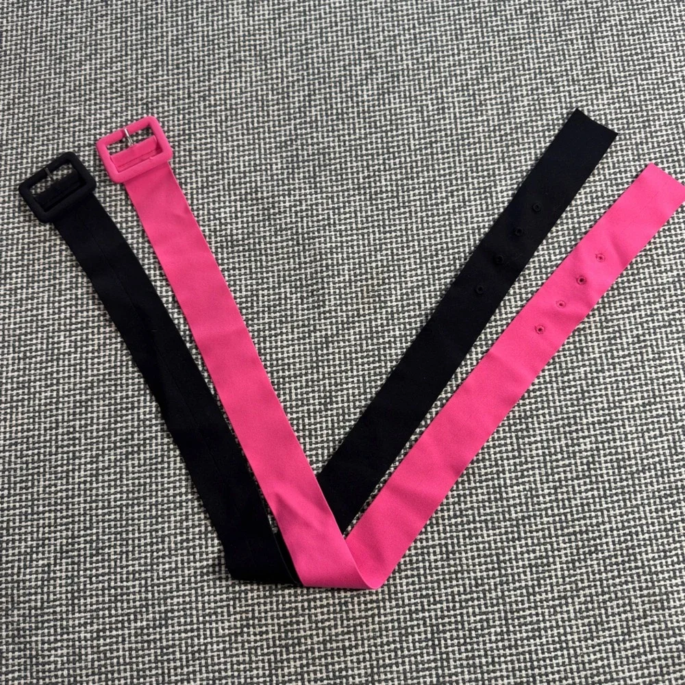 Set of 2 Wide Fabric Stretch Waist Cinch Belts Black and Hot Pink Buckle